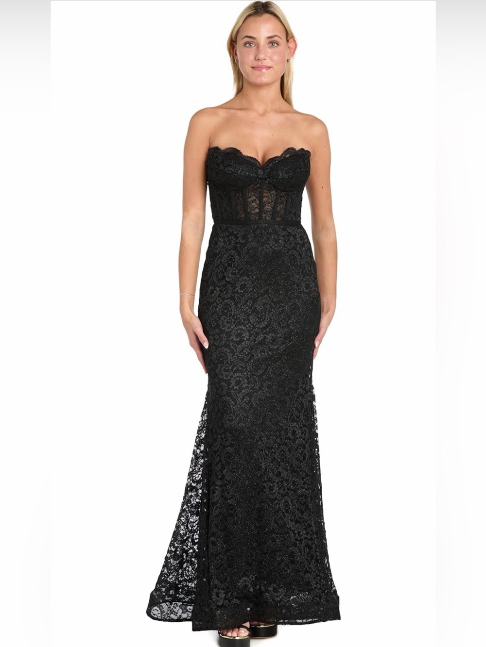 Morgan & Co. Glitter Lace Strapless Black Lace Corset Gown Trumpet Hem